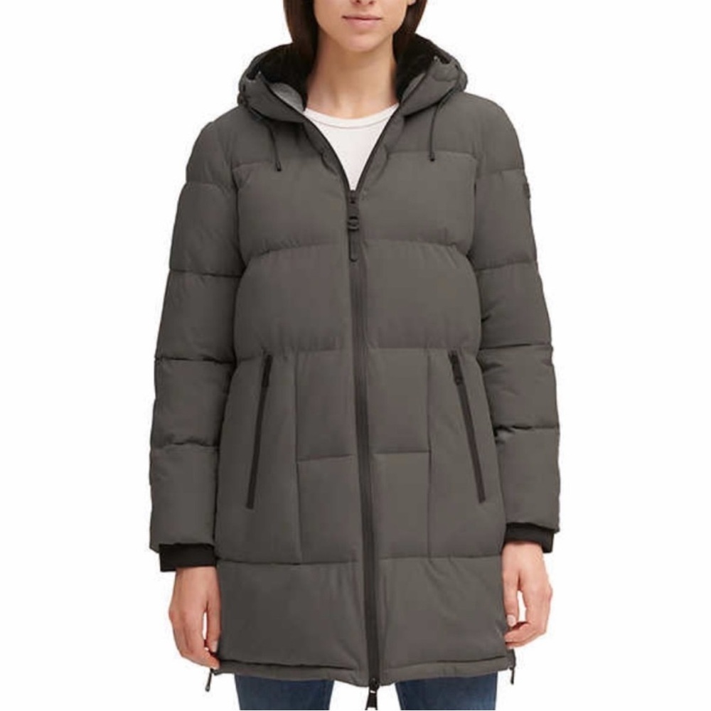 Women’s DKNY Gray Hooded Puffer Coat Thumbhole Cuffs Size XL Ski Winter Cozy